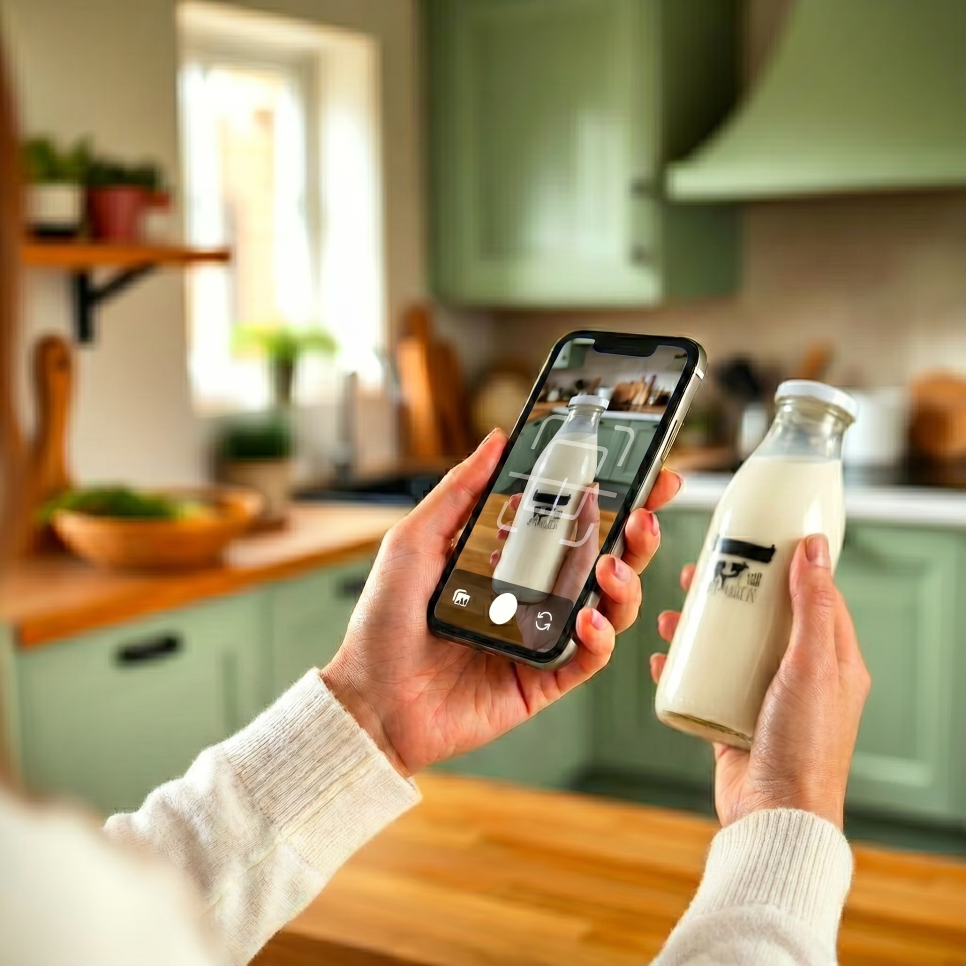 Persona escaneando una botella de leche con la app